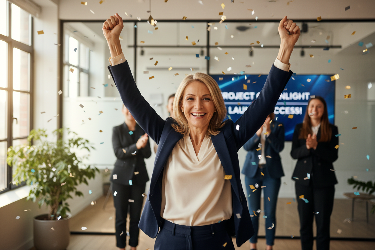 an image of a middle aged woman achieving success